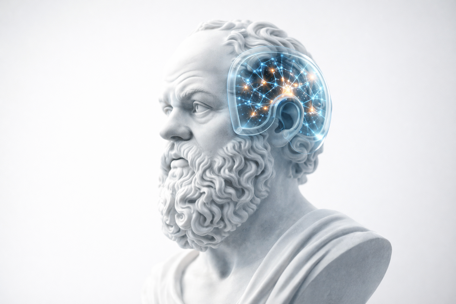 Busto clásico con cerebro de circuitos azules que simboliza inteligencia artificial y propiedad intelectual