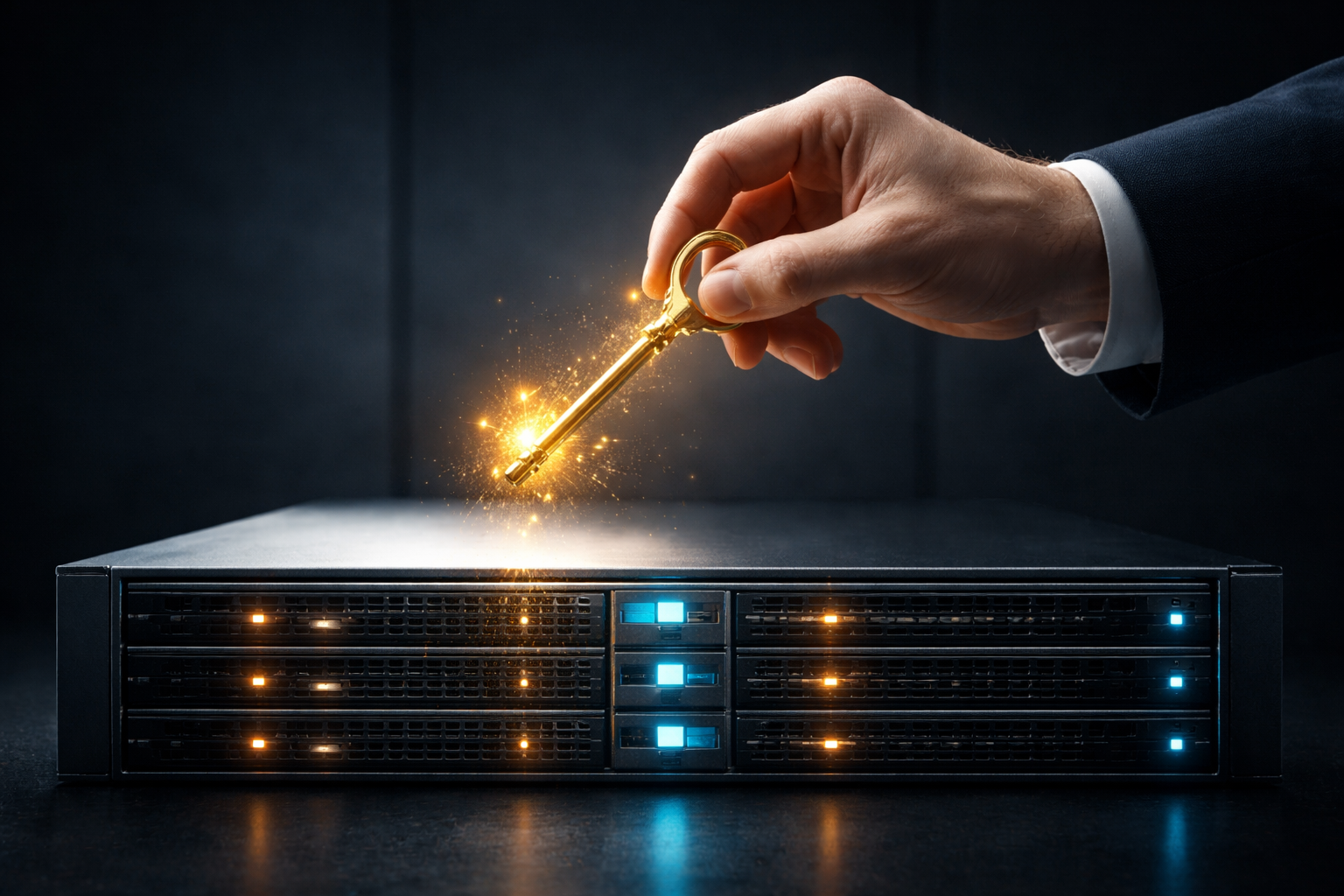 Mano asegurando un servidor on-premise con llave digital, simboliza control de datos y seguridad para CEOs