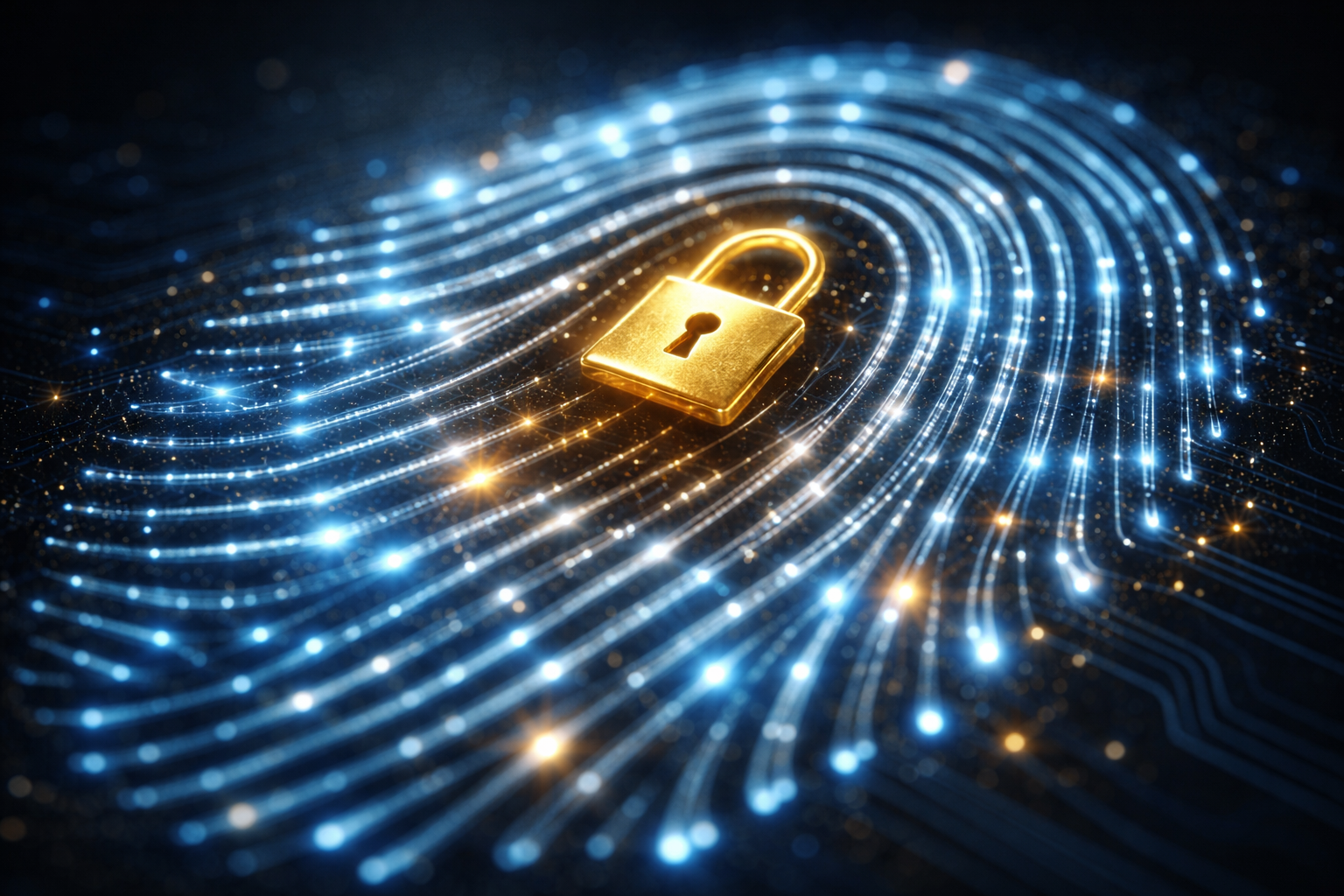 Candado sobre huella digital de datos que simboliza integridad de evidencia, cadena de custodia y pruebas digitales