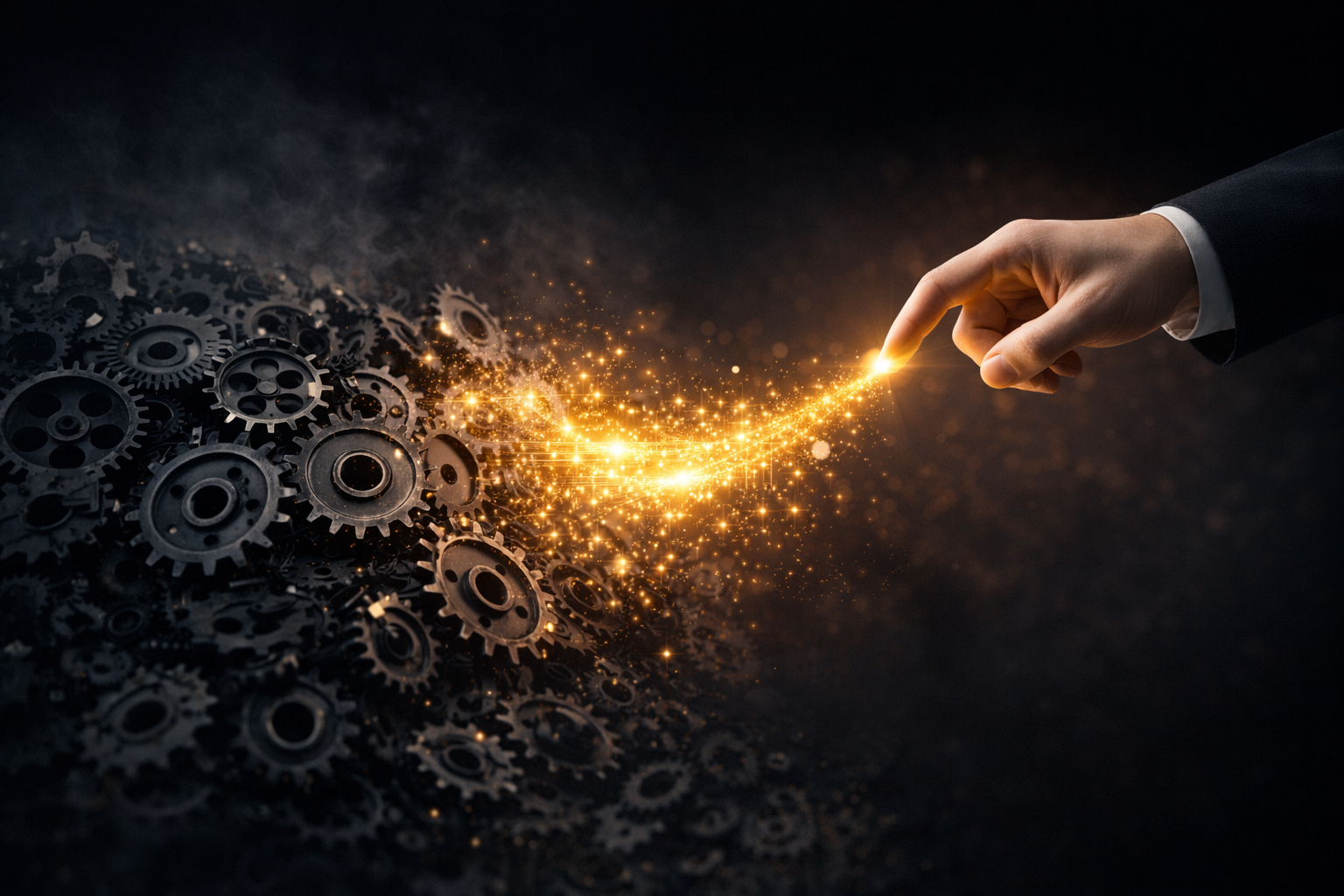 Mano activando engranajes con luz dorada, simboliza automatización ética y reducción de trabajo repetitivo en operaciones