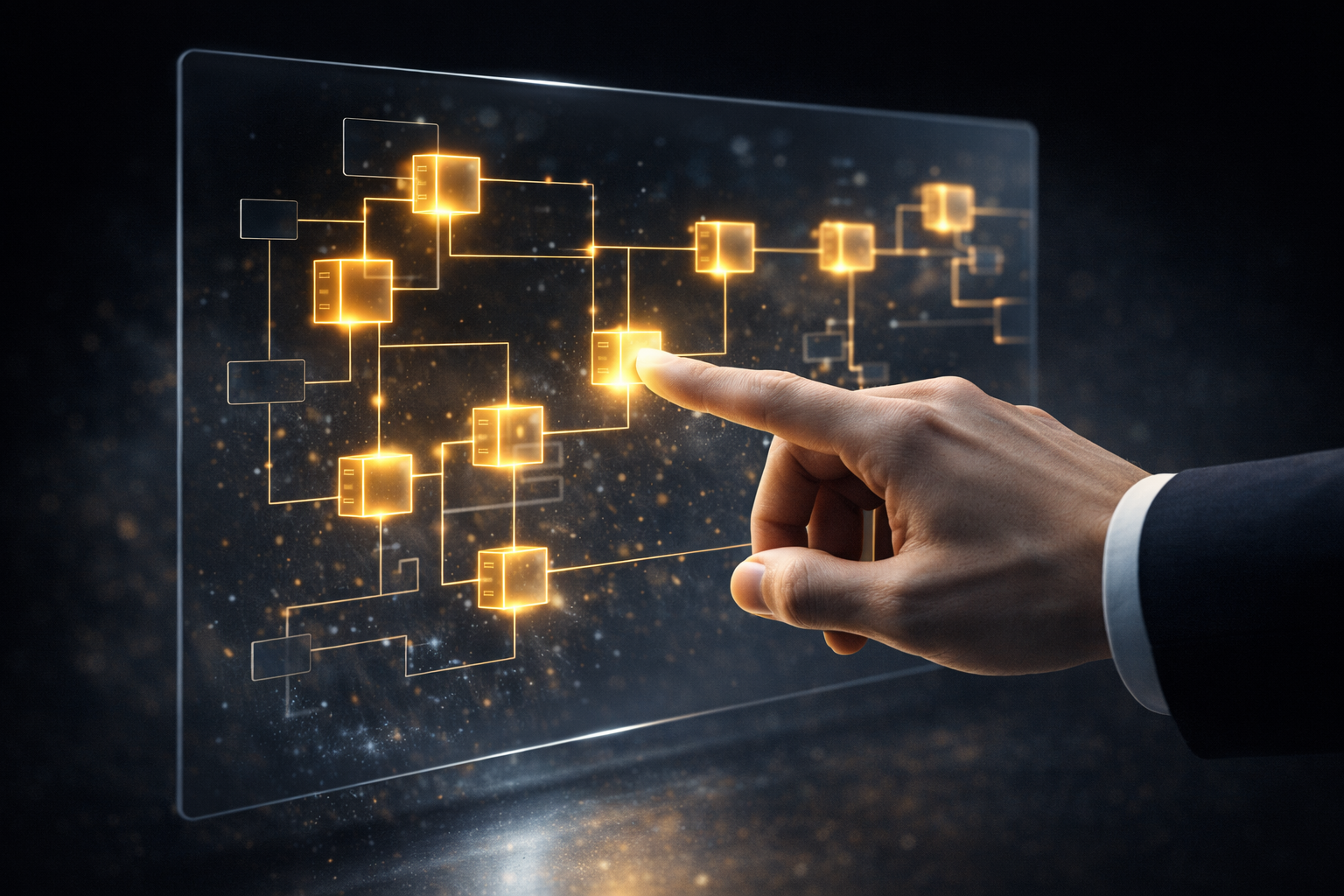 Mano interactuando con diagrama de workflow, representa automatización de procesos y gestión digital en un estudio jurídico de élite