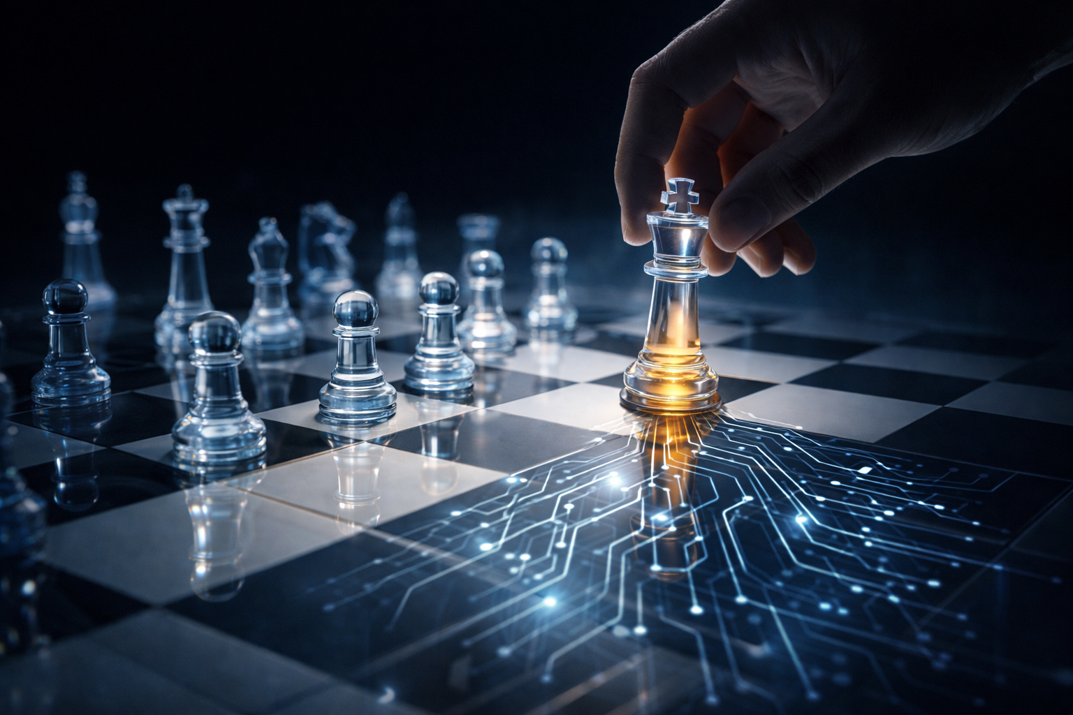 Mano moviendo pieza de ajedrez sobre tablero con circuitos, simboliza decisiones humanas potenciadas por inteligencia artificial