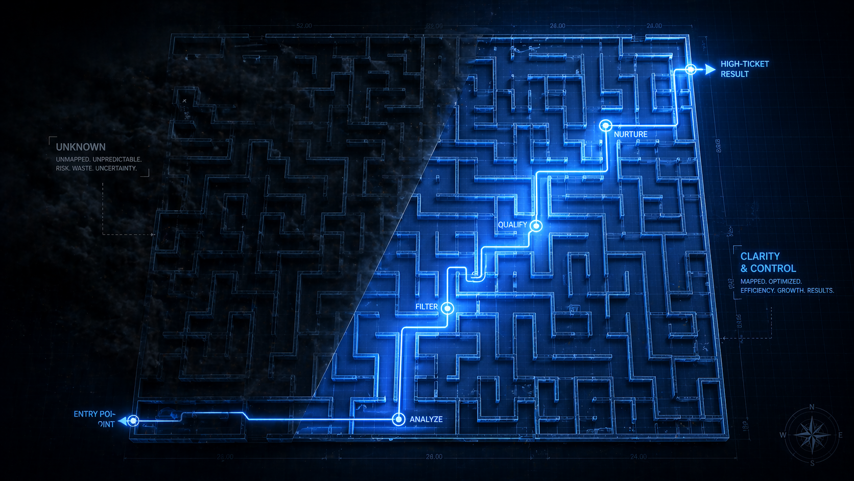 Vista aérea de un laberinto tecnológico donde la mitad izquierda está sumergida en sombras y humo ('Unknown'), mientras que la mitad derecha está iluminada en azul neón ('Clarity & Control') mostrando una ruta marcada que pasa por puntos de Análisis, Filtrado, Calificación y Nutrición hasta llegar a un resultado High-Ticket.