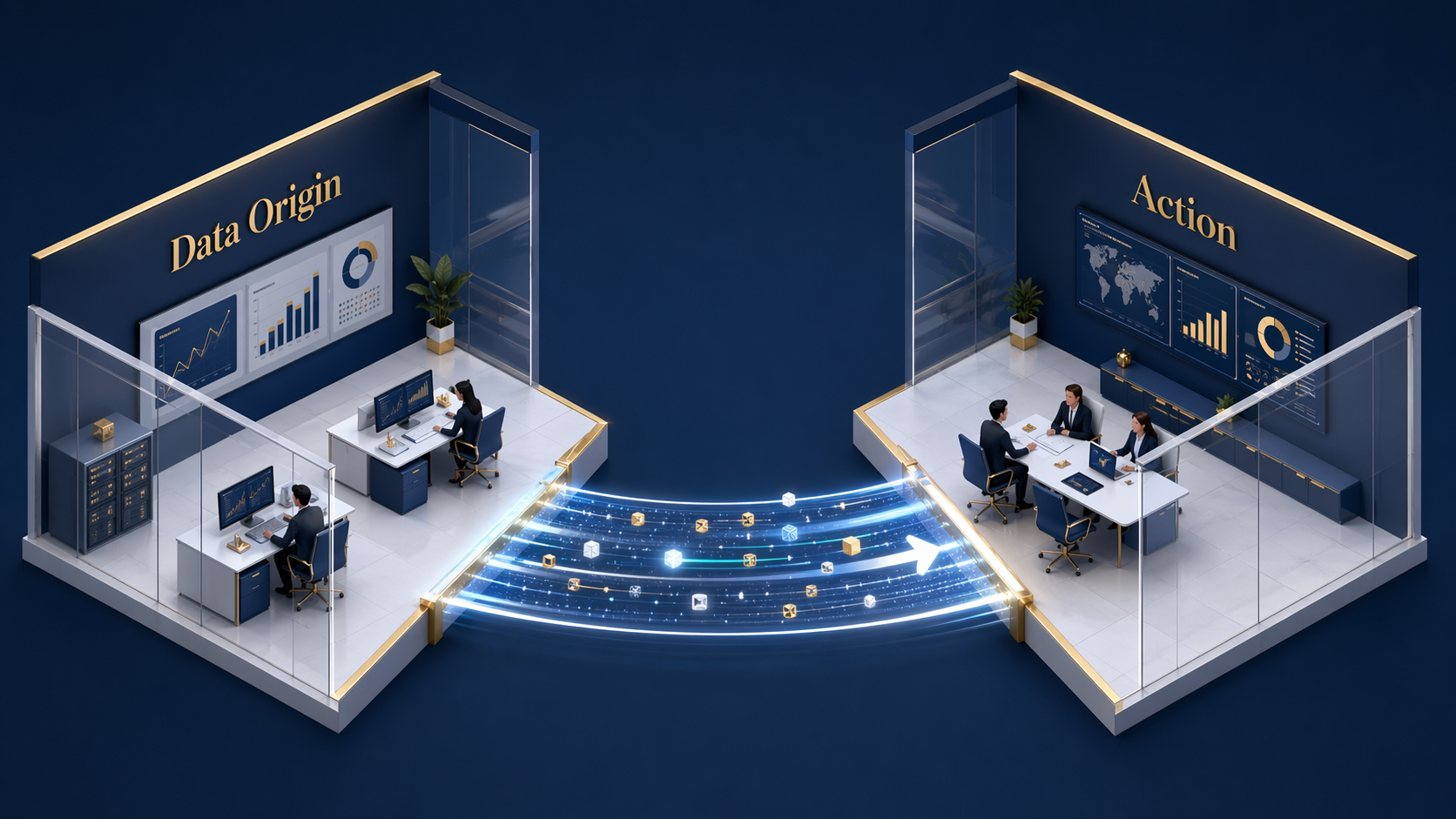 Ilustración isométrica de dos oficinas modernas conectadas por un túnel de datos azul brillante con partículas de información fluyendo entre ambas.