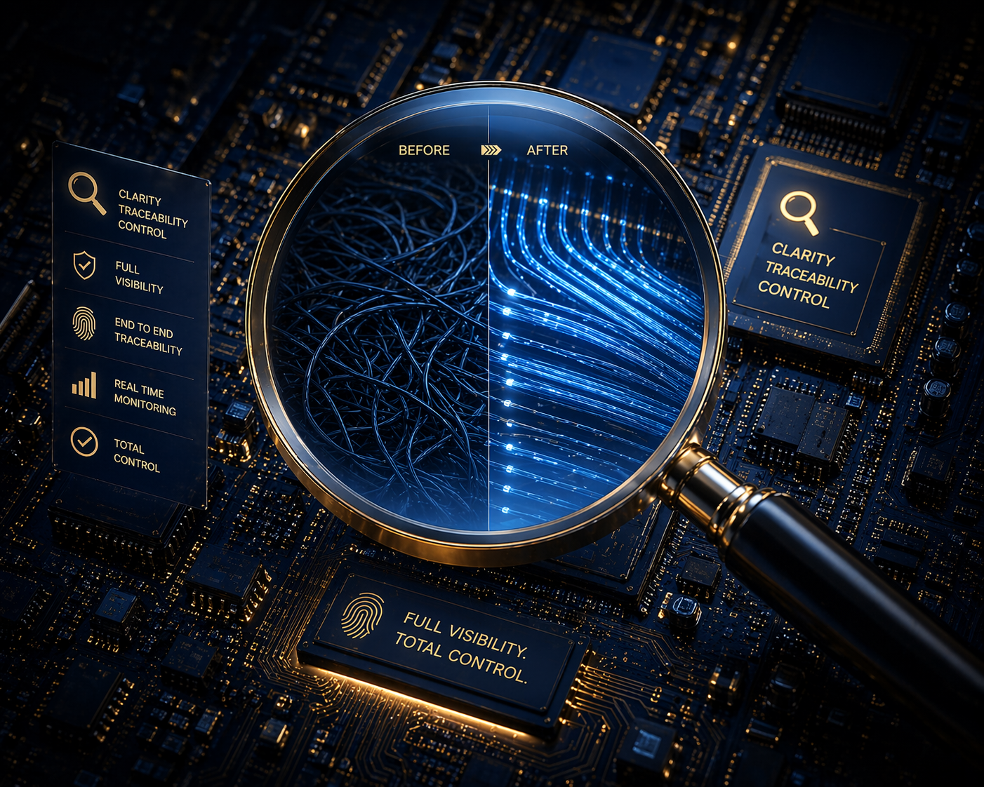 Lupa sobre un circuito impreso mostrando una comparación de 'antes' y 'después': cables enredados y oscuros transformándose en conexiones de fibra óptica azules ordenadas y brillantes.
