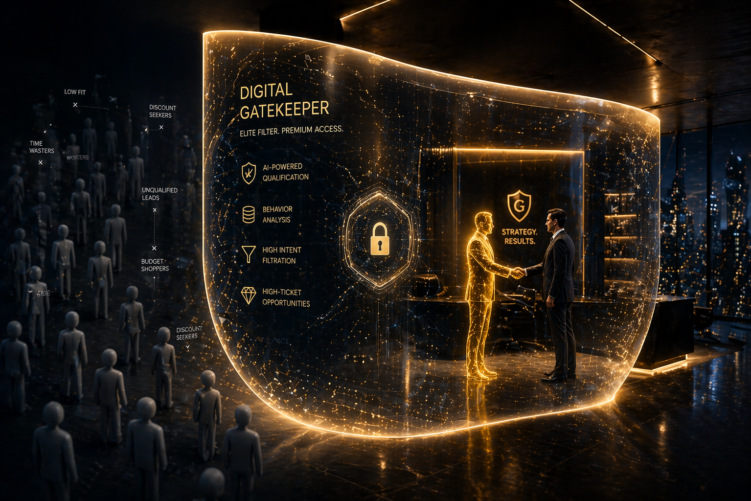 Un holograma dorado curvado llamado 'Digital Gatekeeper' actúa como un escudo protector, separando a una multitud gris de prospectos no cualificados de una reunión ejecutiva exclusiva donde dos hombres cierran un trato.