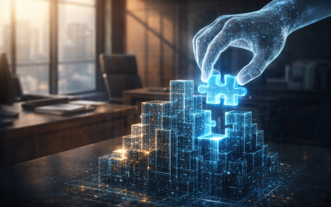 Mano holográfica construyendo bloques digitales, representa optimización de procesos y eficiencia sin perder el toque humano