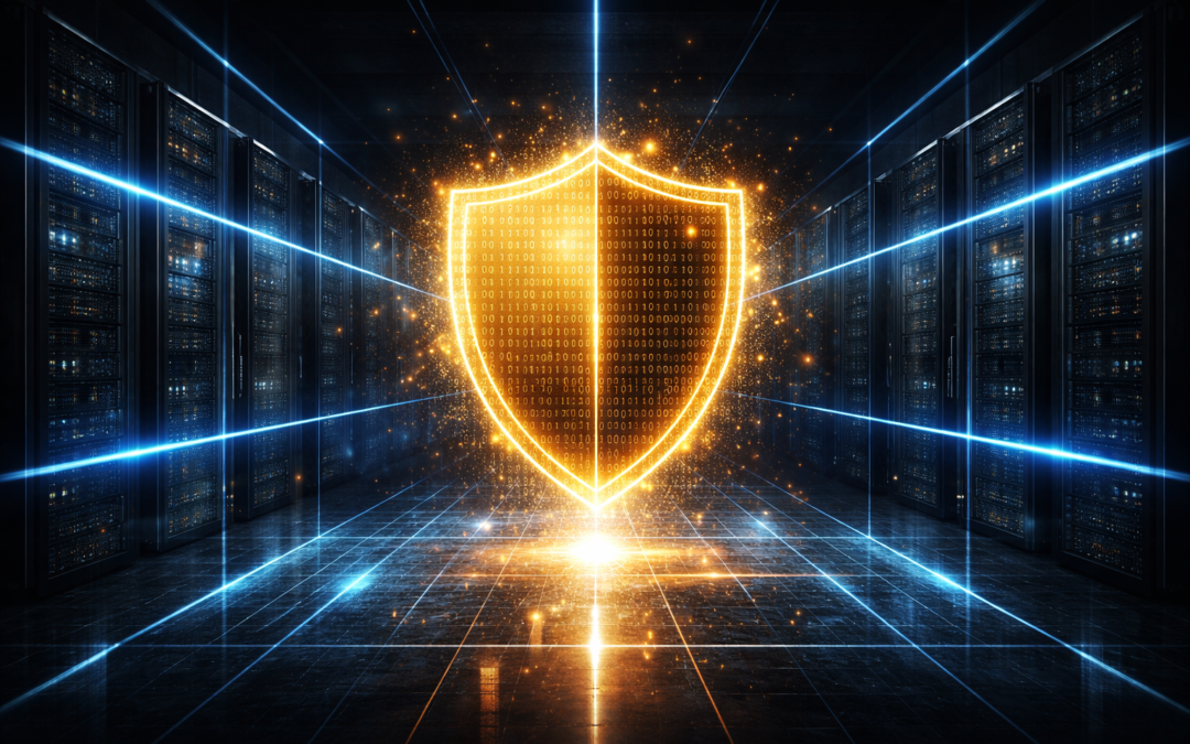 Escudo digital dorado que simboliza ciber-resiliencia, contención de intrusiones y respuesta a incidentes con IA