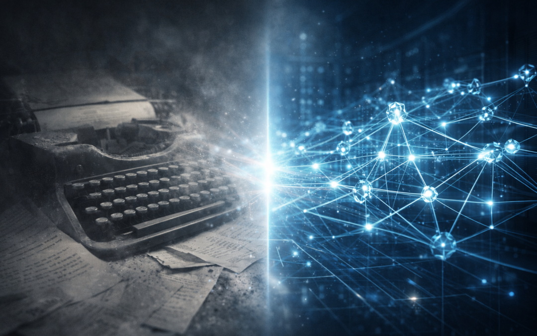 Documento tradicional transformándose en red digital, simboliza pasar del Word a workflows y transformación digital en estudios jurídicos