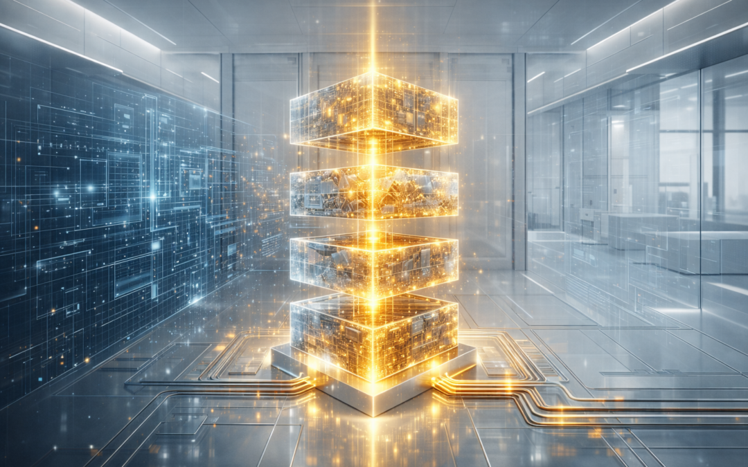 Estructura digital dorada tipo ledger que simboliza inmutabilidad, trazabilidad y registro verificable para auditoría