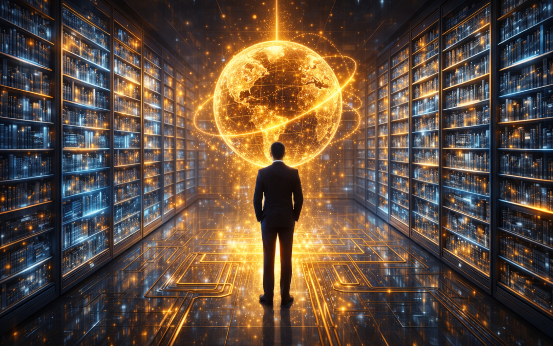 Profesional caminando hacia esfera holográfica en un entorno de datos, representa futuro del trabajo y colaboración humano-IA