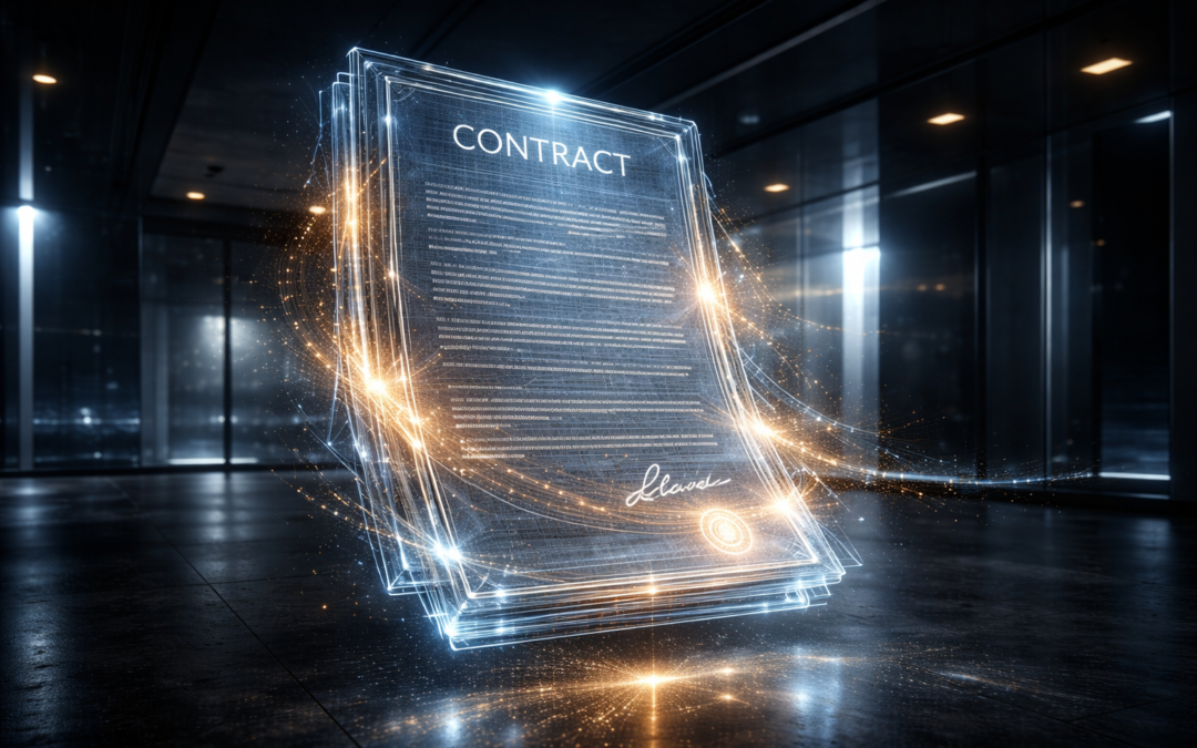 Documento digital transformándose en un contrato inteligente mediante tecnología blockchain para garantizar la seguridad corporativa y evitar el papel mojado.