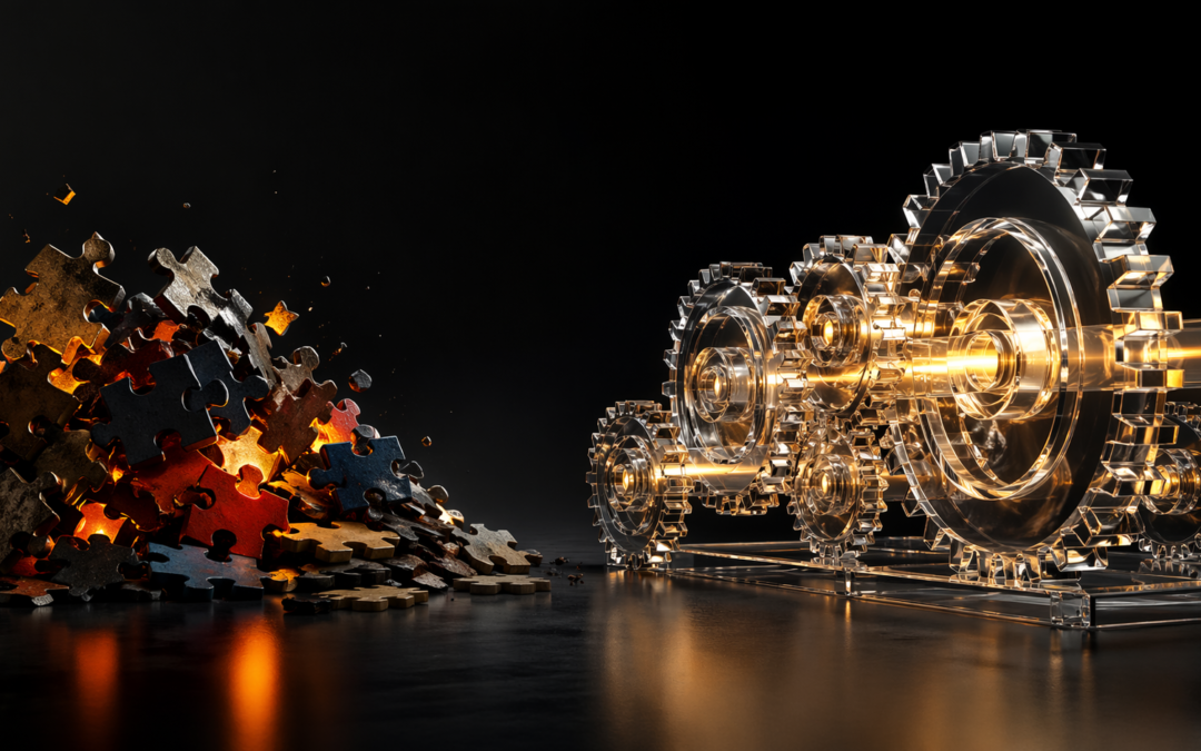 Engranajes de cristal iluminados conectándose armónicamente frente a una pila de piezas de rompecabezas desordenadas en un fondo oscuro