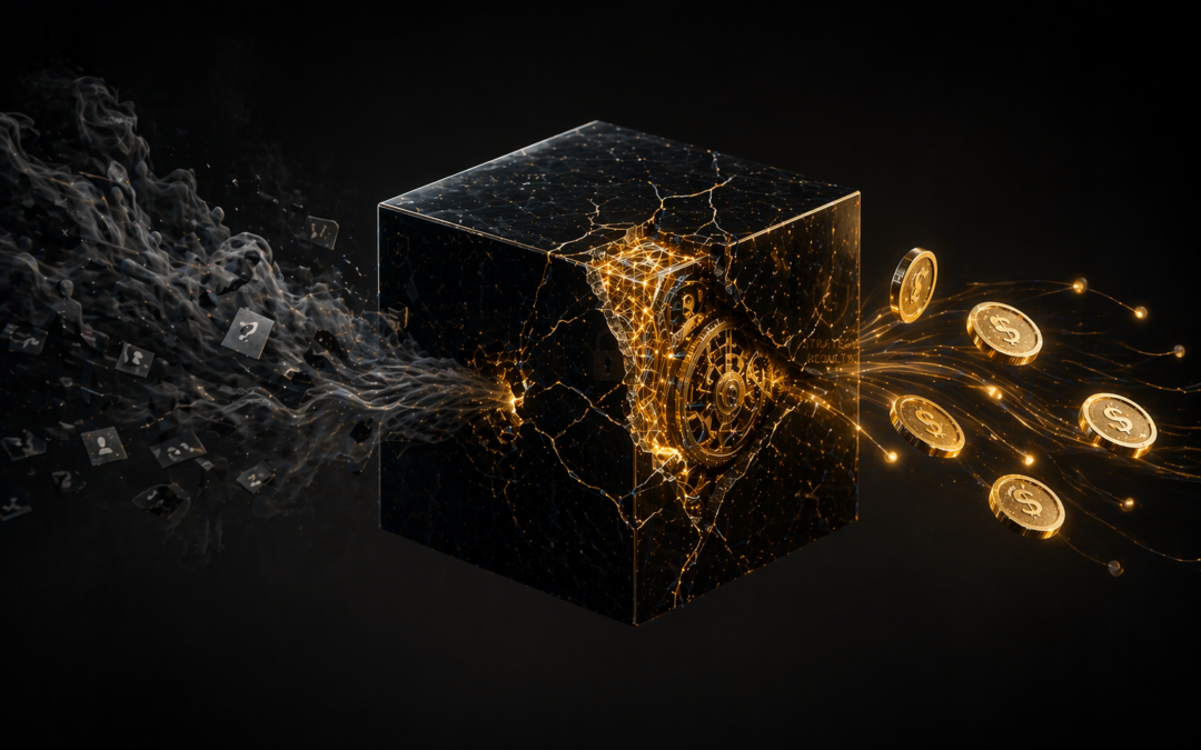 Un cubo de piedra negra agrietado con engranajes dorados internos, donde entra una nube de humo oscuro con fragmentos de datos y salen monedas de oro brillantes con el símbolo de dólar.