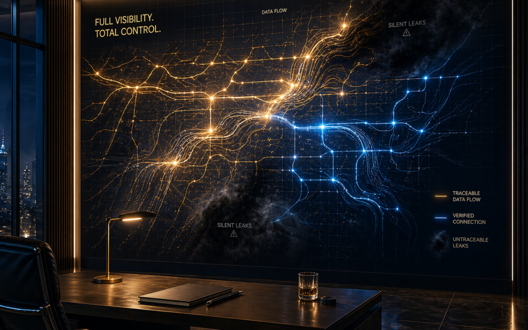 Un panel de control de datos luminoso a gran escala sobre la pared de una oficina ejecutiva oscura, mostrando una red compleja con flujos de datos dorados trazables y conexiones verificadas azules, interrumpida por nubes de humo oscuras que indican fugas silenciosas