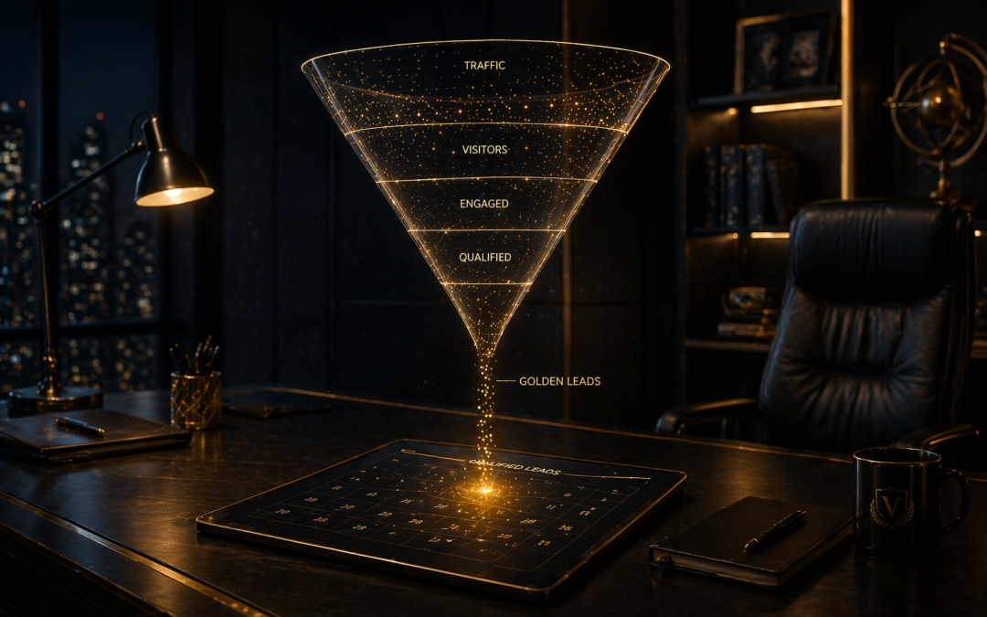 Representación holográfica dorada de un embudo de ventas sobre un escritorio de oficina elegante, con niveles etiquetados como Traffic, Visitors, Engaged, Qualified y Golden Leads.