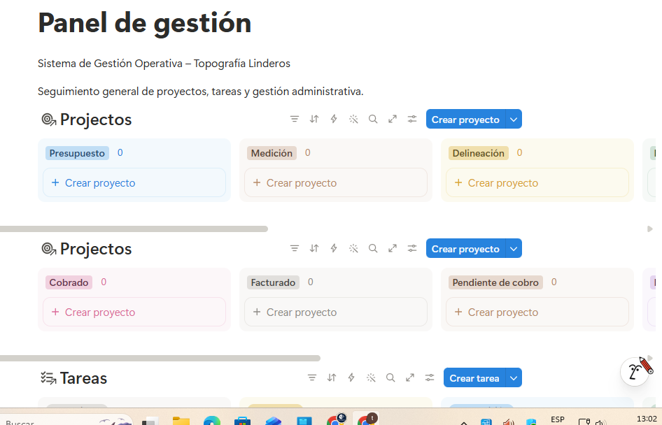 Panel de gestión en Notion de Topografía Linderos